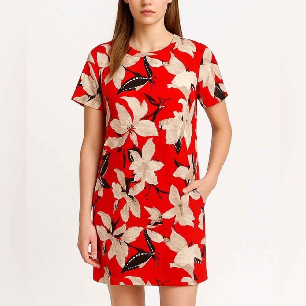 Abercrombie &Fitch Red Mini Floral Shift Dress With Pockets  Size Small